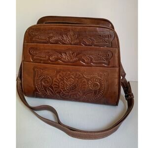 Vintage Mexican Tooled Leather Shoulder Bag, Floral Embossed Purse Boho